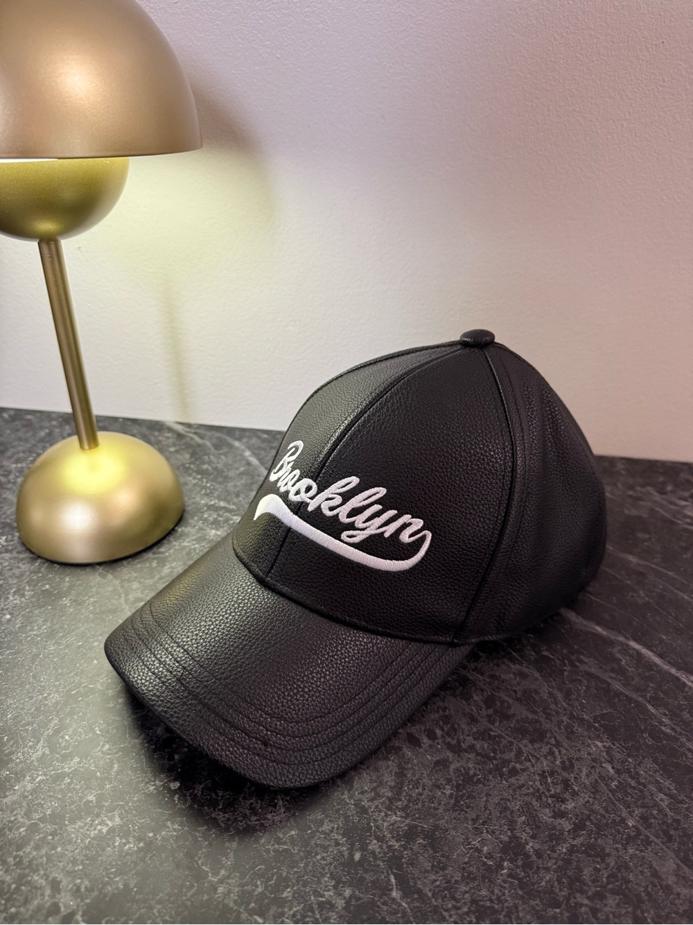 Brooklyn Script Baseball Faux Leather Cap